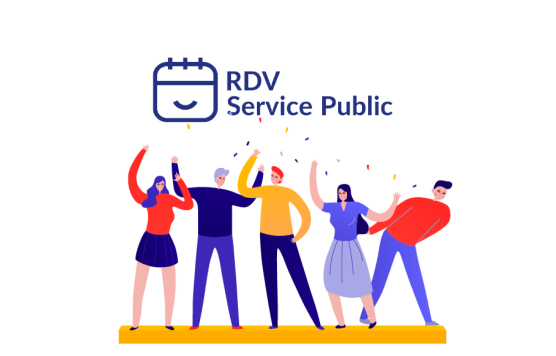 Un groupe de personnages sous le logo RDV Service Public